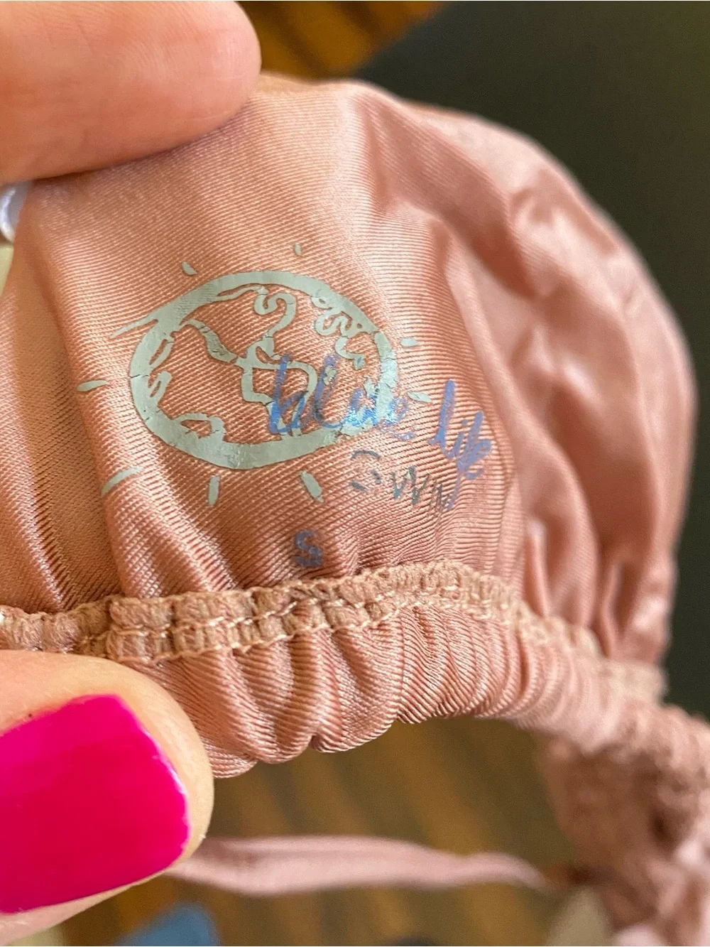 Blue Life Swim Bikini Top Women Size Small Lace Trim Triangle Tie Peach Rose Tan